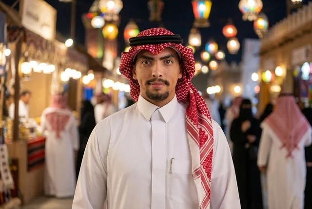 Saudi Man in Traditional Thobe at Night Market Lanterns