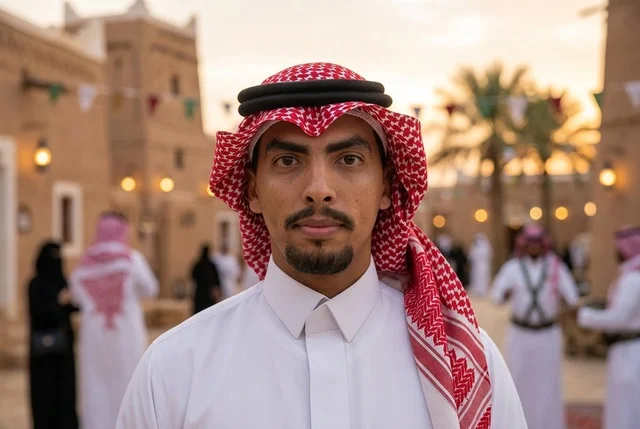 رجل سعودي بالزي التقليدي في قرية تراثية وقت الغروب
