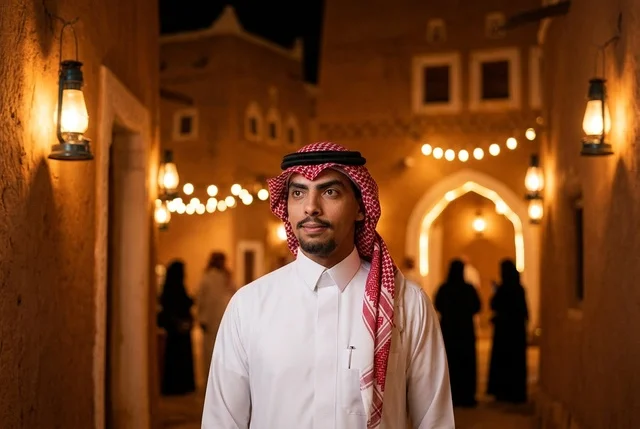 رجل سعودي بالثوب والشماغ في قرية تراثية تاريخية ليلاً