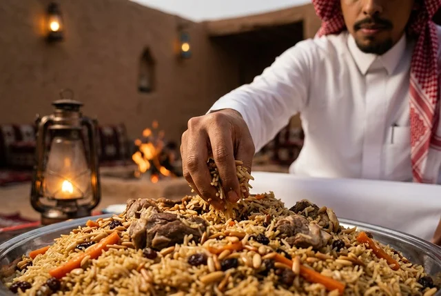 رجل سعودي يتناول الكبسة التقليدية في ساحة تراثية
