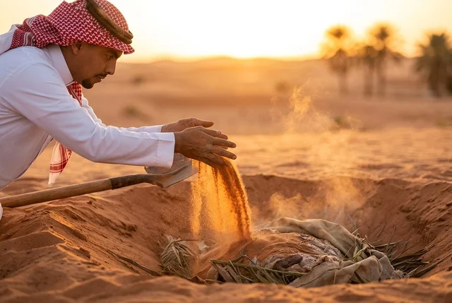 رجل عربي يحضر طعام الزرب التقليدي في الصحراء وقت الغروب