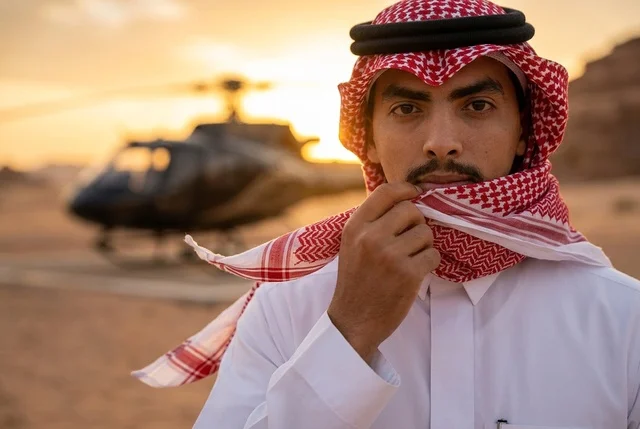 رجل سعودي في الصحراء مع طائرة هليكوبتر عند الغروب
