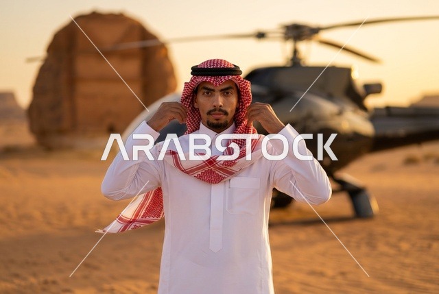 رجل سعودي مع طائرة مروحية في صحراء العلا عند الغروب