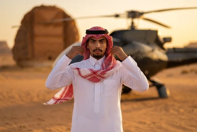 رجل سعودي مع طائرة مروحية في صحراء العلا عند الغروب