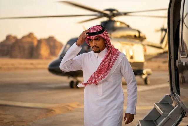 Saudi Businessman Arriving by Helicopter in Desert