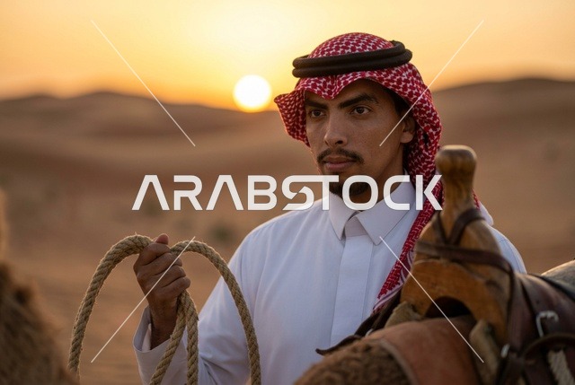 رجل سعودي مع الجمل في الصحراء وقت الغروب