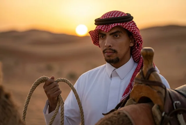 رجل سعودي مع الجمل في الصحراء وقت الغروب