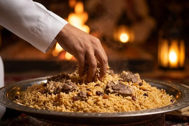 تناول طبق الكبسة السعودي التقليدي باليد لقطة قريبة