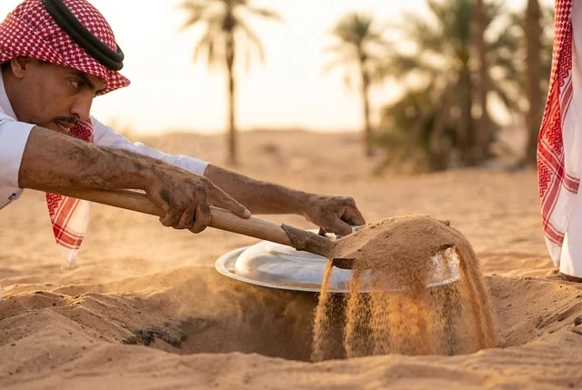 رجل سعودي يحضر طعام المندي التقليدي في رمال الصحراء