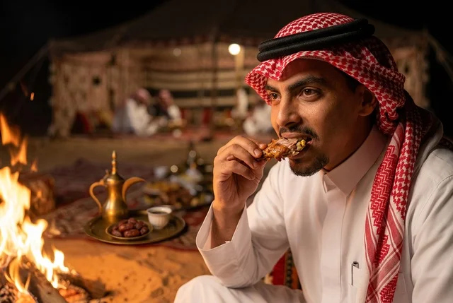 رجل سعودي يتناول اللحم في مخيم صحراوي ليلا