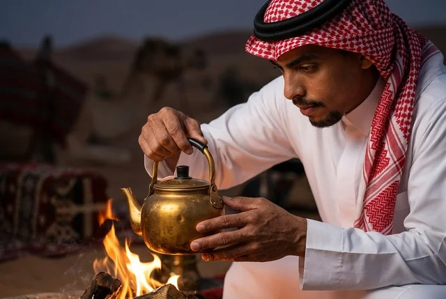رجل سعودي يعد الشاي على شبة النار في الصحراء