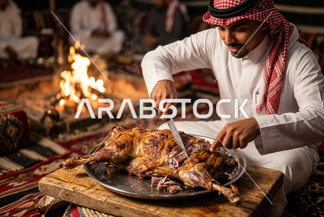 رجل سعودي يقطع خروف مشوي تقليدي في مخيم صحراوي