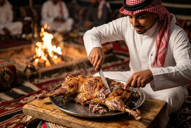 رجل سعودي يقطع خروف مشوي تقليدي في مخيم صحراوي