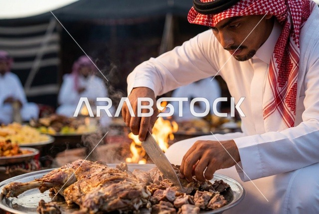 رجل سعودي يقطع لحم الخروف المشوي في مخيم صحراوي
