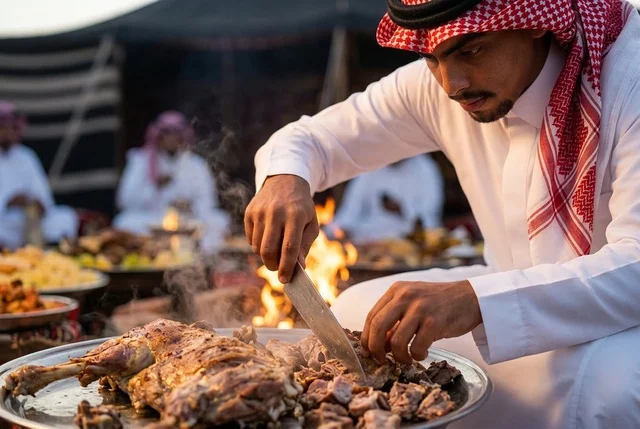 رجل سعودي يقطع لحم الخروف المشوي في مخيم صحراوي