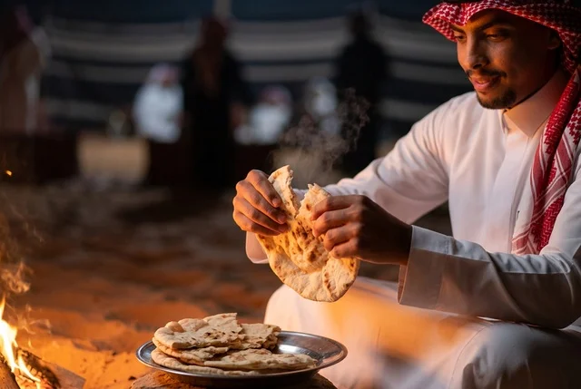 Saudi Arab Man Eating Hot Flatbread by Desert Campfire