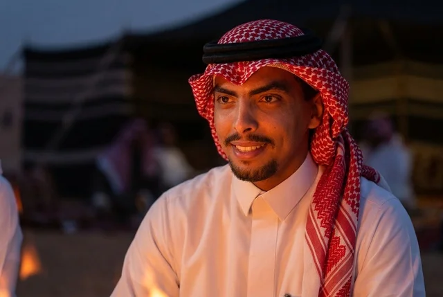 رجل سعودي بالشماغ التقليدي بجانب شبة النار ليلاً