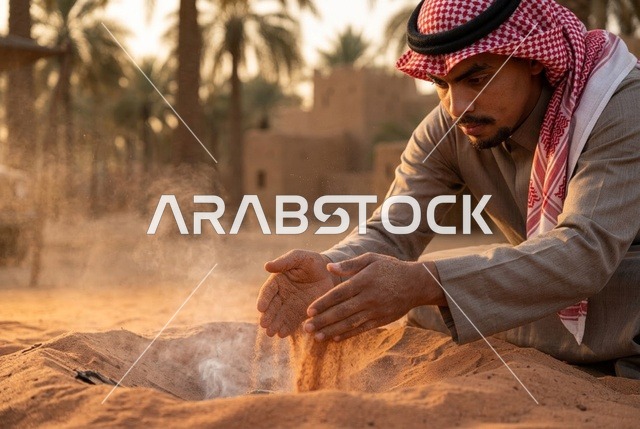 شاب سعودي بالثوب والشماغ مع نار في قرية تراثية