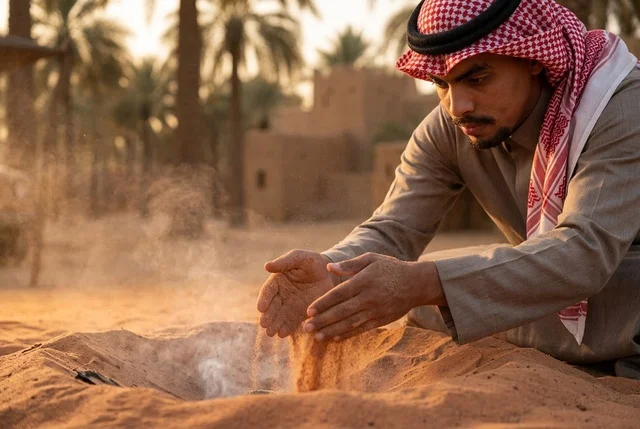 شاب سعودي بالثوب والشماغ مع نار في قرية تراثية