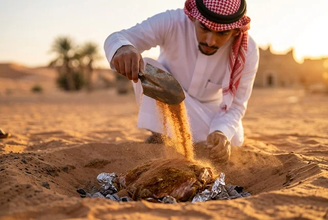 رجل سعودي يطبخ اللحم تحت الأرض في الصحراء