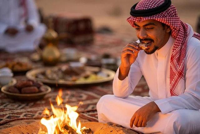 رجل سعودي يأكل الطعام بجانب شبة النار في الصحراء