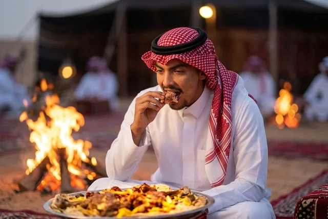 رجل سعودي يتناول الطعام التقليدي بجوار شبة النار بالصحراء
