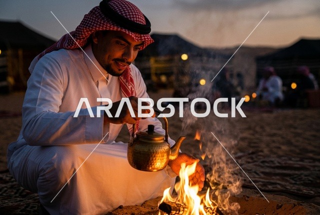 رجل سعودي يجهز الشاي على شبة النار في مخيم صحراوي