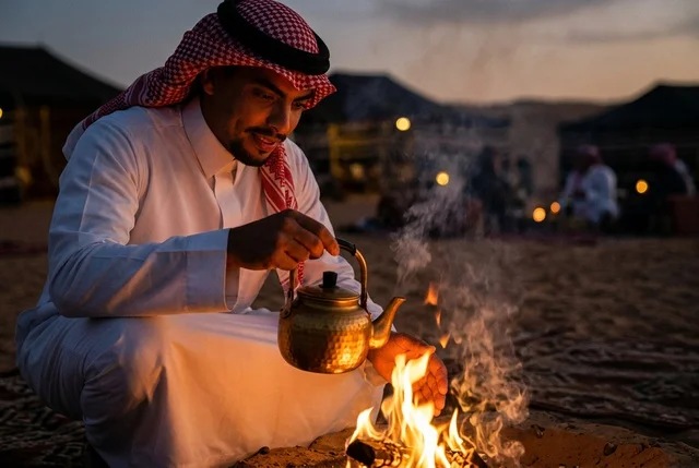 رجل سعودي يجهز الشاي على شبة النار في مخيم صحراوي