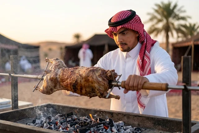 رجل سعودي يرتدي الزي التقليدي يشوي خروفاً في الصحراء