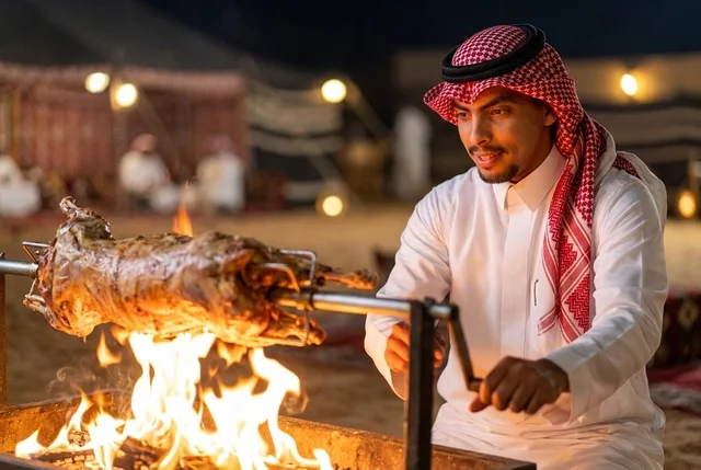 رجل سعودي يشوي خروفاً كاملاً على النار في مخيم صحراوي