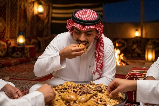 رجل سعودي يتناول وجبة الكبسة التقليدية في خيمة تراثية