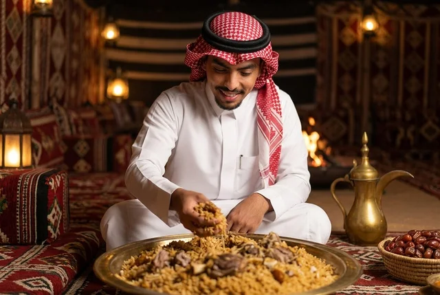 رجل سعودي يرتدي الزي التقليدي ويتناول الكبسة الشعبية