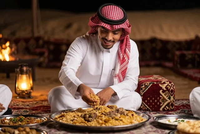 شاب سعودي يتناول الكبسة التقليدية في خيمة صحراوية