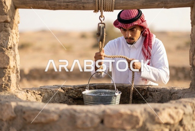 رجل سعودي يرتدي الزي التقليدي يستخرج الماء من بئر قديم