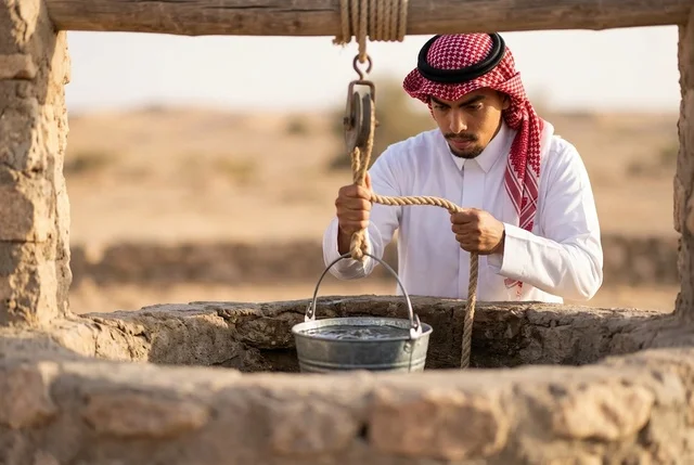 رجل سعودي يرتدي الزي التقليدي يستخرج الماء من بئر قديم