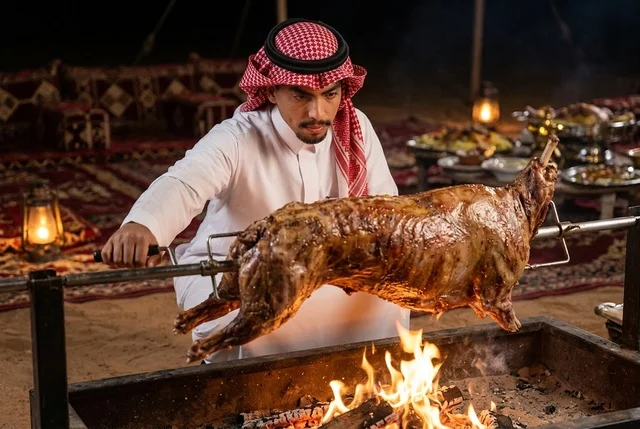 رجل سعودي يشوي ذبيحة كاملة على الجمر في مخيم صحراوي