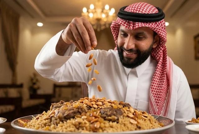 رجل سعودي يقدم طبق الكبسة العربي التقليدي باللحم