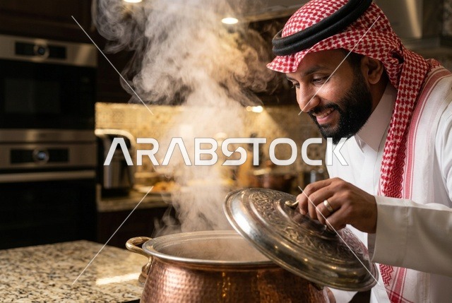 رجل سعودي يطبخ في قدر نحاسي يتصاعد منه البخار