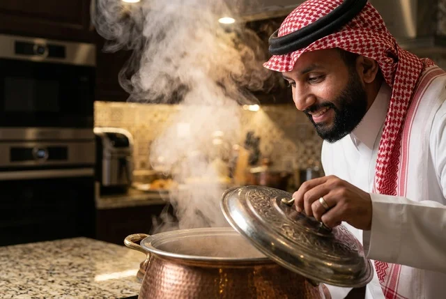 رجل سعودي يطبخ في قدر نحاسي يتصاعد منه البخار