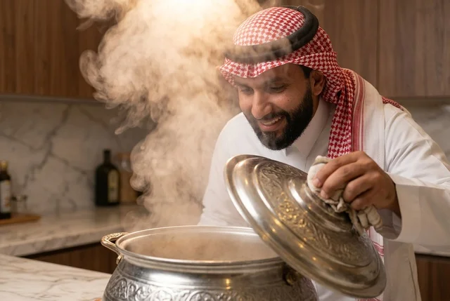 Saudi Man Cooking in Traditional Kitchen with Steaming Pot