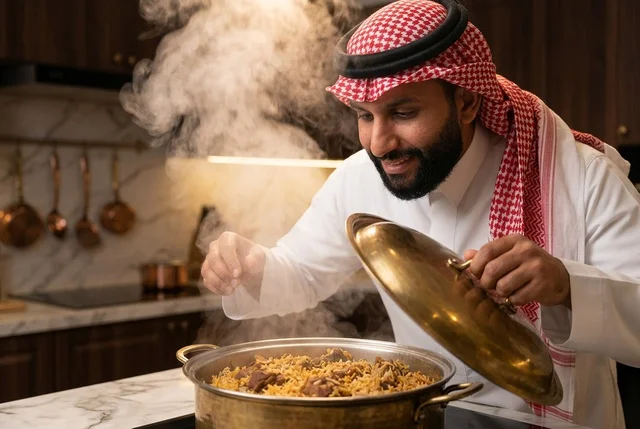 رجل سعودي يطهو طبق الكبسة التقليدية في مطبخ حديث