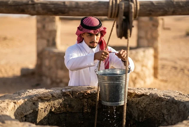 رجل سعودي يسحب دلو الماء من بئر صحراوي قديم