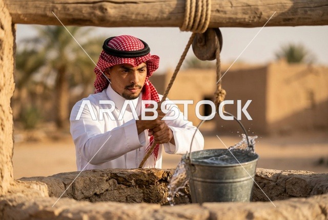 رجل سعودي بالزي التقليدي يسحب الماء من بئر حجري قديم