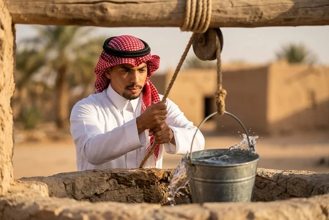 رجل سعودي بالزي التقليدي يسحب الماء من بئر حجري قديم