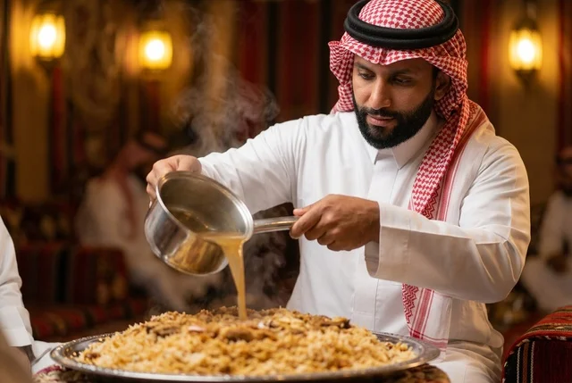 رجل سعودي يسكب المرق على طبق الكبسة بالأرز واللحم