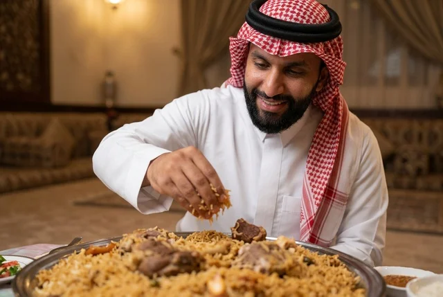 Saudi Man Eating Traditional Kabsa Rice with His Hand Saudi Man Eating Traditional Kabsa Rice with His Hand