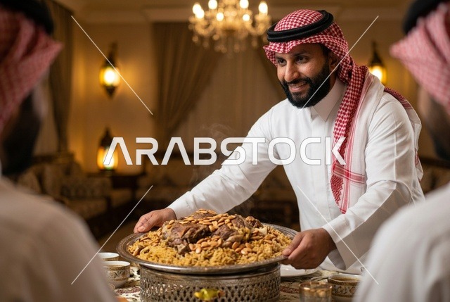 رجل سعودي يرتدي شماغ يقدم طبق الكبسة واللحم للضيوف