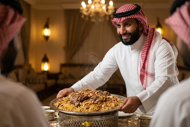 رجل سعودي يرتدي شماغ يقدم طبق الكبسة واللحم للضيوف