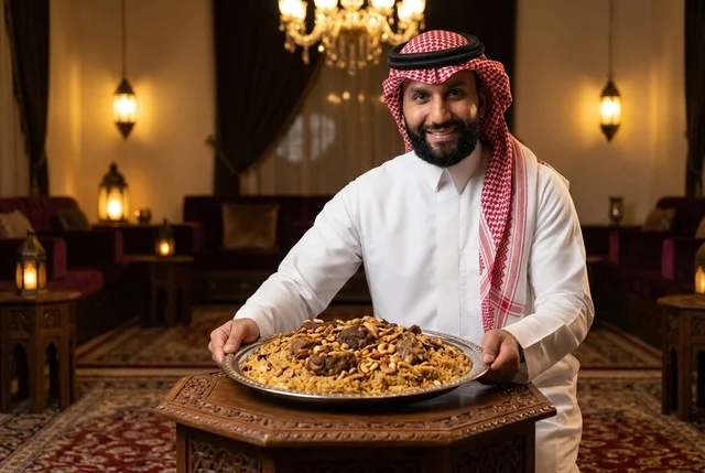 Saudi Man Holding Traditional Kabsa Food in Majlis
