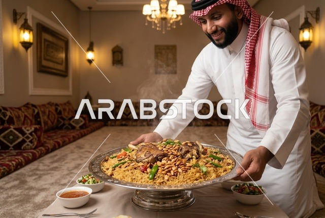 رجل سعودي يقدم طبق الكبسة باللحم في مجلس عربي تقليدي